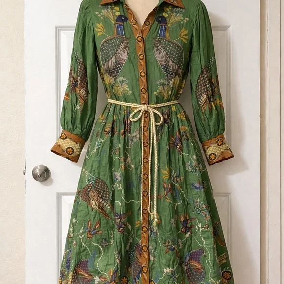ALÉMAIS Birdie Green Ramie Shirt Dress - Printed Midi - Size US 10 / AU 14 - Picture 5 of 5